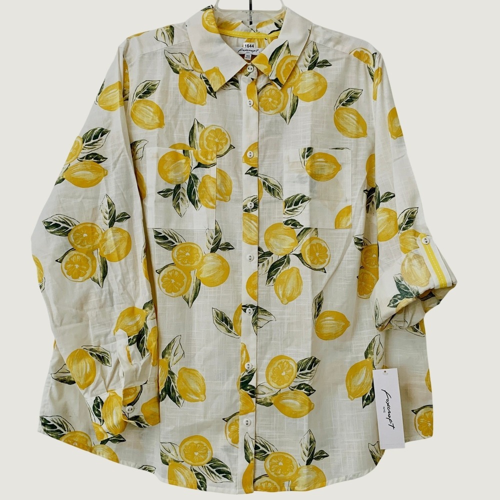 NWT Foxcroft Roll Tab Sleeve Shirt Women 18W White Yellow Lemon Print Relaxed